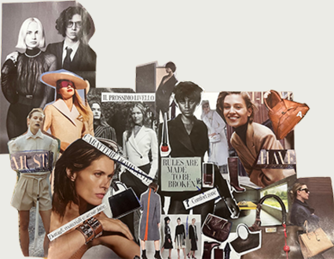 Moodboard con ritagli di giornale, texture e palette colori ispirazionali per consulenza di stile